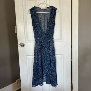ModCloth Flowy Floral Semi-Sheer Wrap Dress Blue and Gold Women’s Size Small